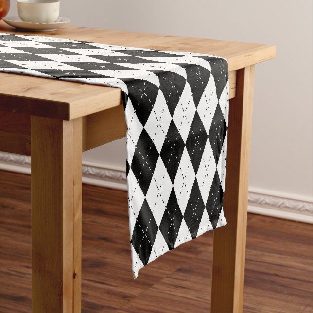 Caminho De Mesa Pequeno Argyle preto e branco (No Local)