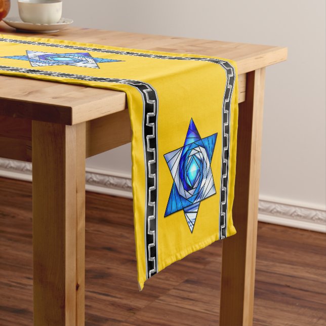 Caminho De Mesa Pequeno Art Deco Azul Vidro Estido Magen David em Amarelo (No Local)