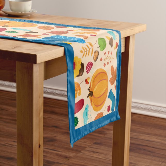 Caminho De Mesa Pequeno Autumn Cozy Fall Pattern Pumpkins deixa azul (No Local)