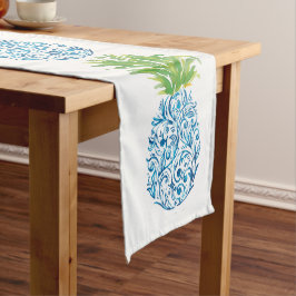 Caminho De Mesa Pequeno Azul e Branco Chinoiserie Abacaxi Préppy Costeiro