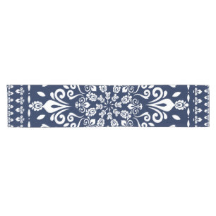 Caminho De Mesa Pequeno Azul oriental e branco do damasco