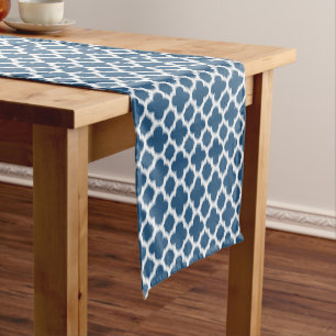 Caminho De Mesa Pequeno Azul Tropical Branco Ikat Quadrefólio Padrão Artís