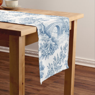 Caminho De Mesa Pequeno Azul Vintage e Branco Toile Paisagem