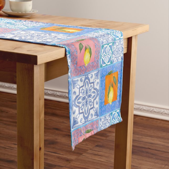 Caminho De Mesa Pequeno Azulejos azuis, mosaico, majolica, limão, (No Local)