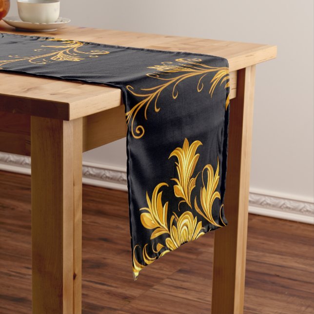Caminho De Mesa Pequeno "Barockes Ornament-Muster in Gold und Schwarz" (No Local)