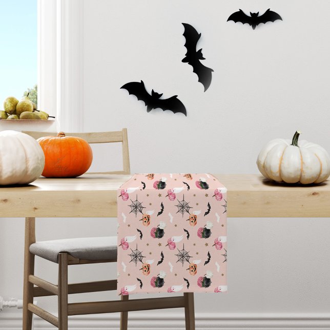 Caminho De Mesa Pequeno Bat de Aranha Rosa e Pumpkin Laranja no Halloween (Fun Halloween Pink & Orange Pumpkin Spider Web Bat Short Table Runner)