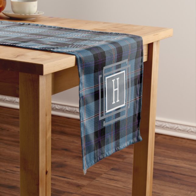 Caminho De Mesa Pequeno Blue Black Tartan Monogram  (No Local)