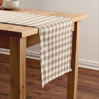 Caminho De Mesa Pequeno Boho Gingham Pattern Plaid Checkered Tan Brown