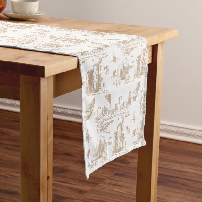 Caminho De Mesa Pequeno Boston Toile Tan e White (No Local)