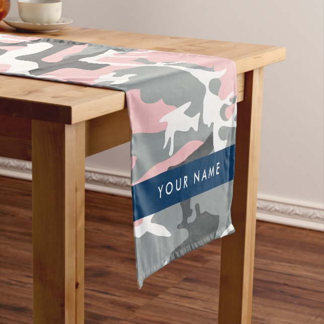Caminho De Mesa Pequeno Camuflagem rosa e Cinza Seu nome Personaliza (No Local)