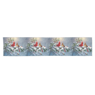 Caminho De Mesa Pequeno Cardeais vermelhos e Holly na neve