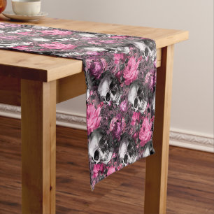 Caminho De Mesa Pequeno Caveira Floral Rosa Elegante