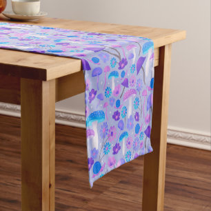 Caminho De Mesa Pequeno Cogumelos Retro Madeira Púrpura Turquesa Azul