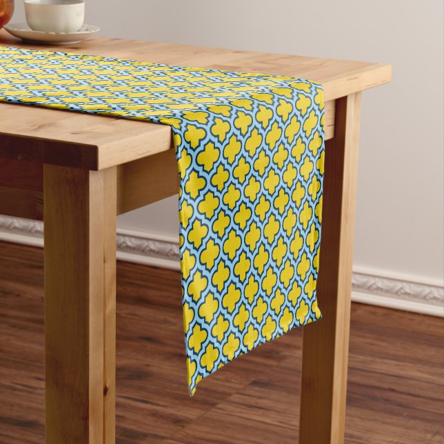 Caminho De Mesa Pequeno Corante amarelo e azul-bebê, latido, quatrefoil (No Local)