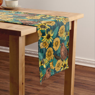 Caminho De Mesa Pequeno Crenças e flores em azul escuro