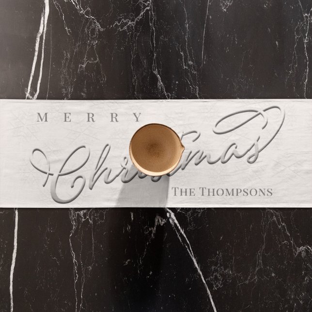 Caminho De Mesa Pequeno Curva de Caligrafia de Prata Cute Floco de Neve de (Merry Christmas silver snowflake calligraphy script table runner)