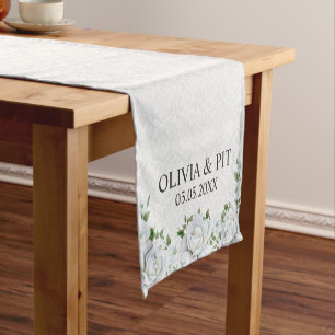 Caminho De Mesa Pequeno Damasco Branco E Rosas - Salve A Data