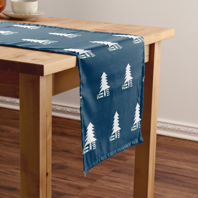 Caminho De Mesa Pequeno Dark Blue and White Christmas Tree Design (No Local)