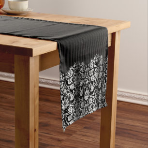Caminho De Mesa Pequeno Design de Damasco de Prata Preto e Metálico