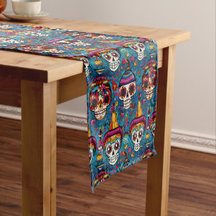 Caminho De Mesa Pequeno Dia de Muertos, padrão de crânios de açúcar azul