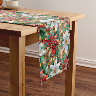 Caminho De Mesa Pequeno Dourada Poinsettia Branca Vermelha