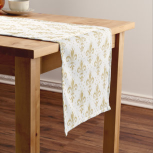 Caminho De Mesa Pequeno Dourado padrão uniforme de pulgas-de-lis em branco