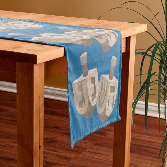 Caminho De Mesa Pequeno Dreidel Rustic Oak Jewish Holiday Blue Hanukkah (This blue & faux wood dreidels table runner will dress up any table for Hanukkah parties & dinners)