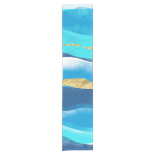 Caminho De Mesa Pequeno Elegante Na moda Oceano Ondas Azuis Dourada Aquare
