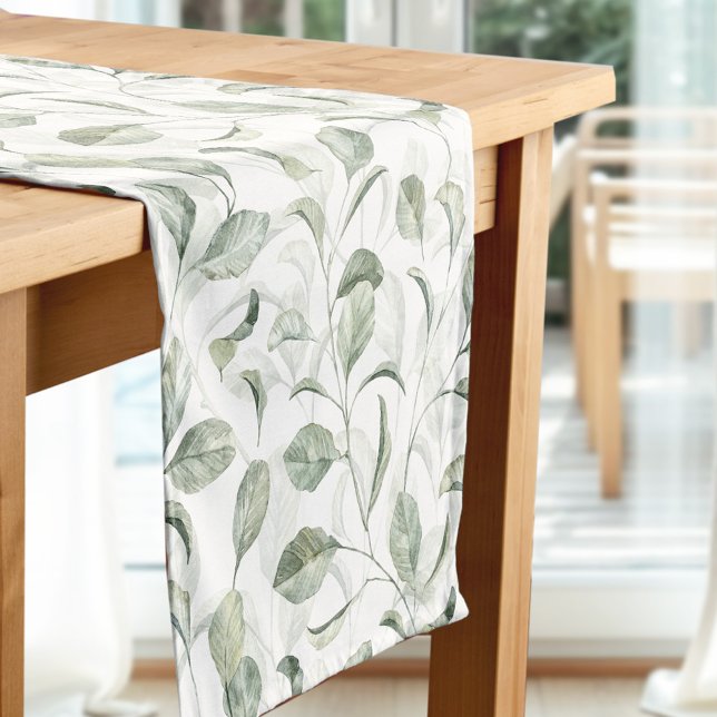 Caminho De Mesa Pequeno Elegante Verde Sage deixa padrão de aquarela (Elegant Sage Green Leaves Watercolor Pattern Short Table Runner)