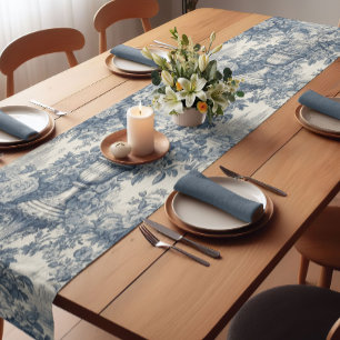 Caminho De Mesa Pequeno Elegante vintage Monograma azul toile de jouy