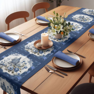Caminho De Mesa Pequeno Elegante vintage Monograma azul toile de jouy