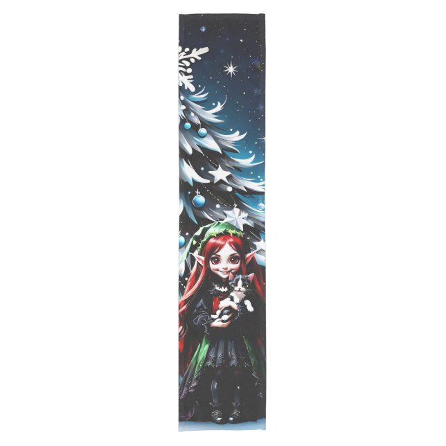 Caminho De Mesa Pequeno Elfo de Natal com Kitten. (Frente)