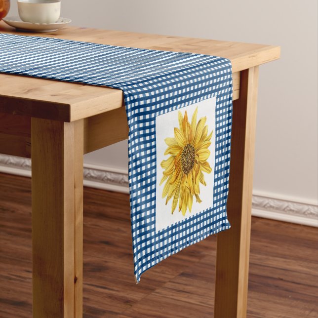 Caminho De Mesa Pequeno Estilo do País Xadrez Azul Gingham com Girassóis (No Local)