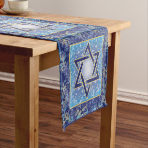 Caminho De Mesa Pequeno Estrela Judaica Dourada do Marinho Azul de David