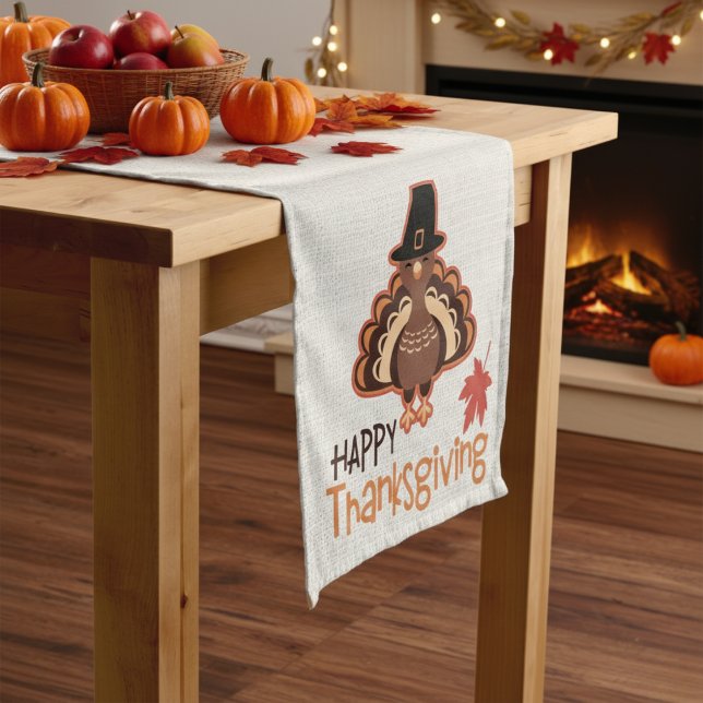 Caminho De Mesa Pequeno Feliz Dia de Ação de Graças - Bonita Peregrinação  (Happy Thanksgiving Cute Pilgrim Turkey Short Table Runner)