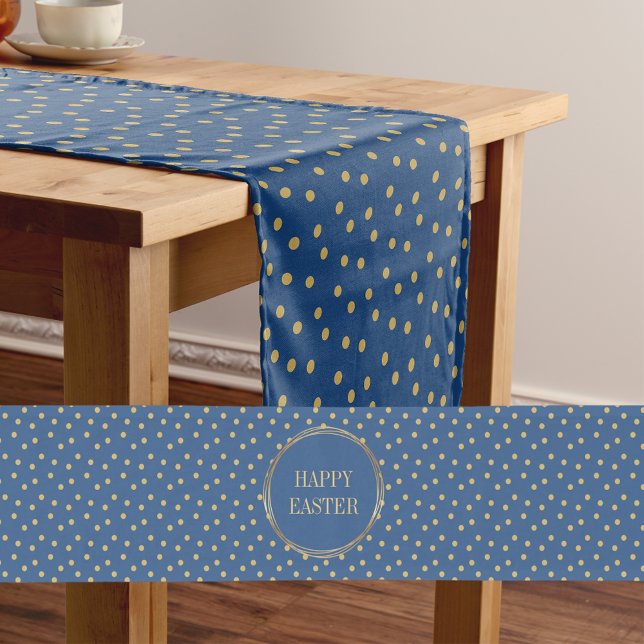 Caminho De Mesa Pequeno Felz pascoa Cristão de Bolinhas Douradas e Bonitas (Cute Modern Blue Gold Polka Dots Christian Happy Easter Short Table Runner)
