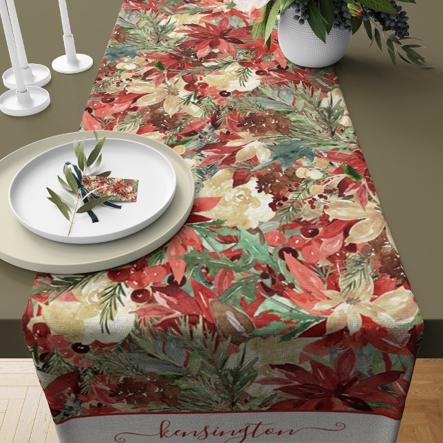 Caminho De Mesa Pequeno Feriado Elegante Poinsettia Christmas Floral (Elegant Holiday Poinsettia Christmas Floral Short Table Runner)