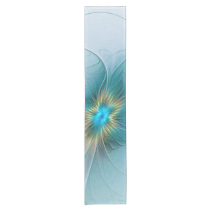 Caminho De Mesa Pequeno Flor de Arte Fractal Dourada e Azul Moderno