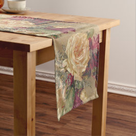 Caminho De Mesa Pequeno Florais em Creme Antigo e Rosa Borgonha