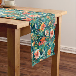 Caminho De Mesa Pequeno Floral Abstrato de Coral e Teal Brilhante
