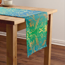 Caminho De Mesa Pequeno Floral Dourado em Fundo Gradiente Verde e Azul