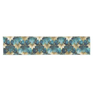Caminho De Mesa Pequeno Floral Japonês Verde Água Dourado