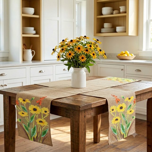 Caminho De Mesa Pequeno Flores Amarelas em Aquarela sobre Burlap  (Criador carregado)