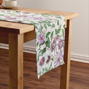 Caminho De Mesa Pequeno Flores Botânicas Lilac Green White Vintage