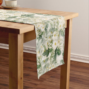 Caminho De Mesa Pequeno Flores brancas e verdes românticas