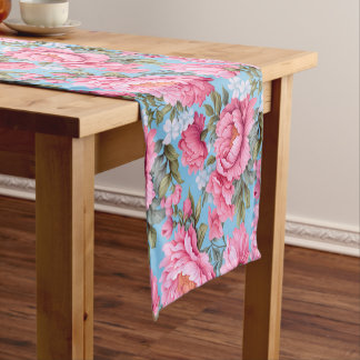 Caminho De Mesa Pequeno Flores cor-de-rosa boho em azul
