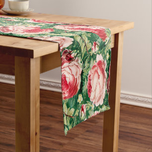 Caminho De Mesa Pequeno Flores de cor d'água e Rosas vermelhas e Folhas Ve