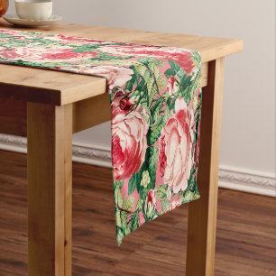 Caminho De Mesa Pequeno Flores de cor d'água e Rosas vermelhas e Folhas Ve