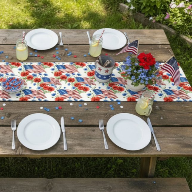 Caminho De Mesa Pequeno Flores e Bandeiras Americanas  (Criador carregado)