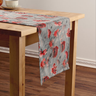 Caminho De Mesa Pequeno Flores Vermelhas em Cinzas Escuras, Papagaios Verm